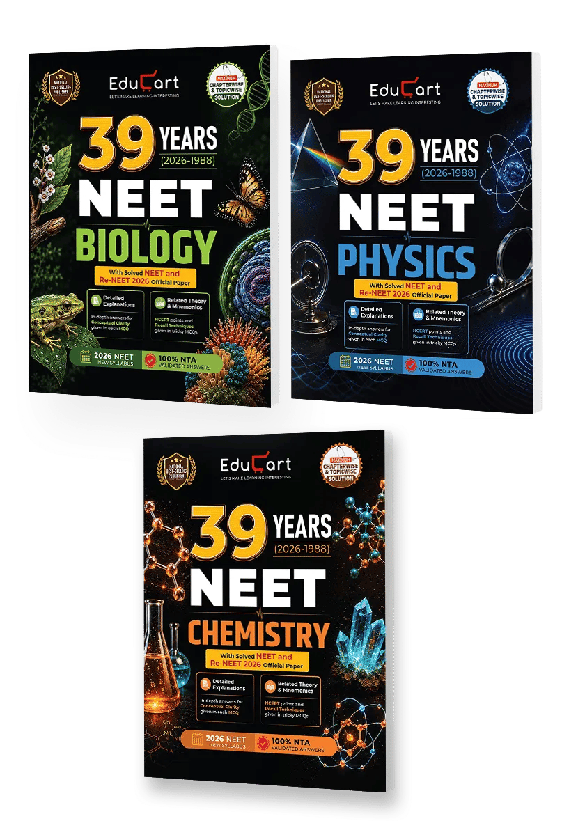 Educart NEET 39 Years Chapterwise Topicwise Solved Papers (1988-2026) – Physics, Chemistry & Biology (Set of 3 Books) | Detailed Explanations, NCERT Mnemonics & Solved 2026 NEET + Re-NEET Official Paper For 2027 Exam