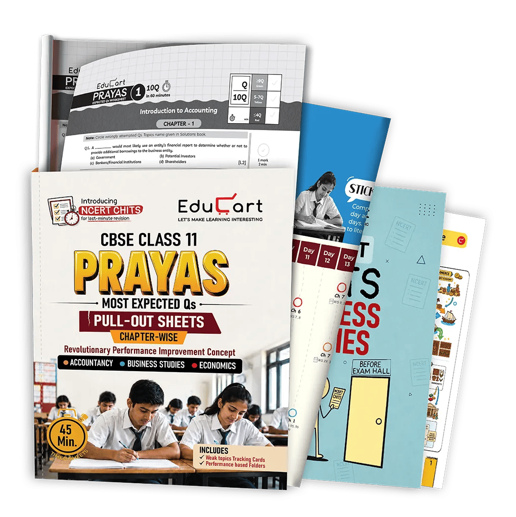Educart PRAYAS CBSE Class 11 Commerce 2027 – Accountancy, Business Studies & Economics (Ch-wise Timed Worksheets with NCERT Chits 2026-27)