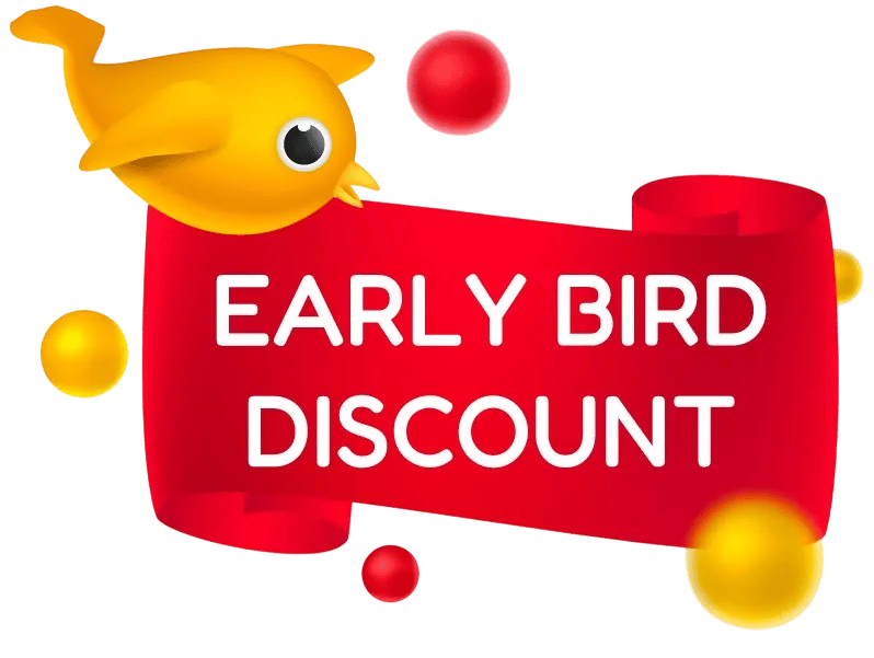 Yellow cartoon bird next to a red banner with text 'EARLY BIRD DISCOUNT' surrounded by red and yellow spheres.