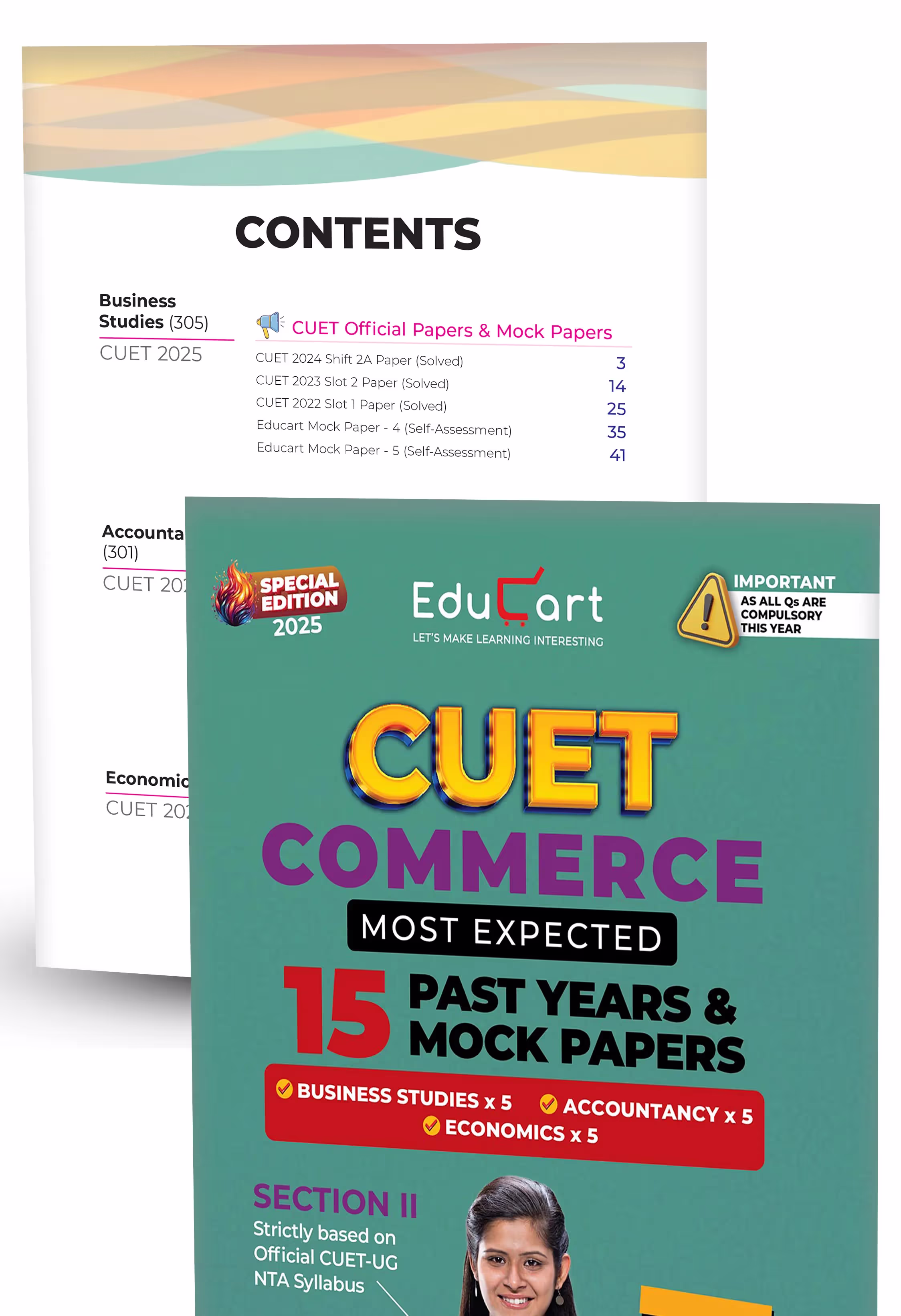 Educart NTA CUET UG Entrance Exam Book 2025 General Test Guidebook + English and Commerce Past Years & Mock Papers + Commerce Mind Maps (Set of 4 Books)