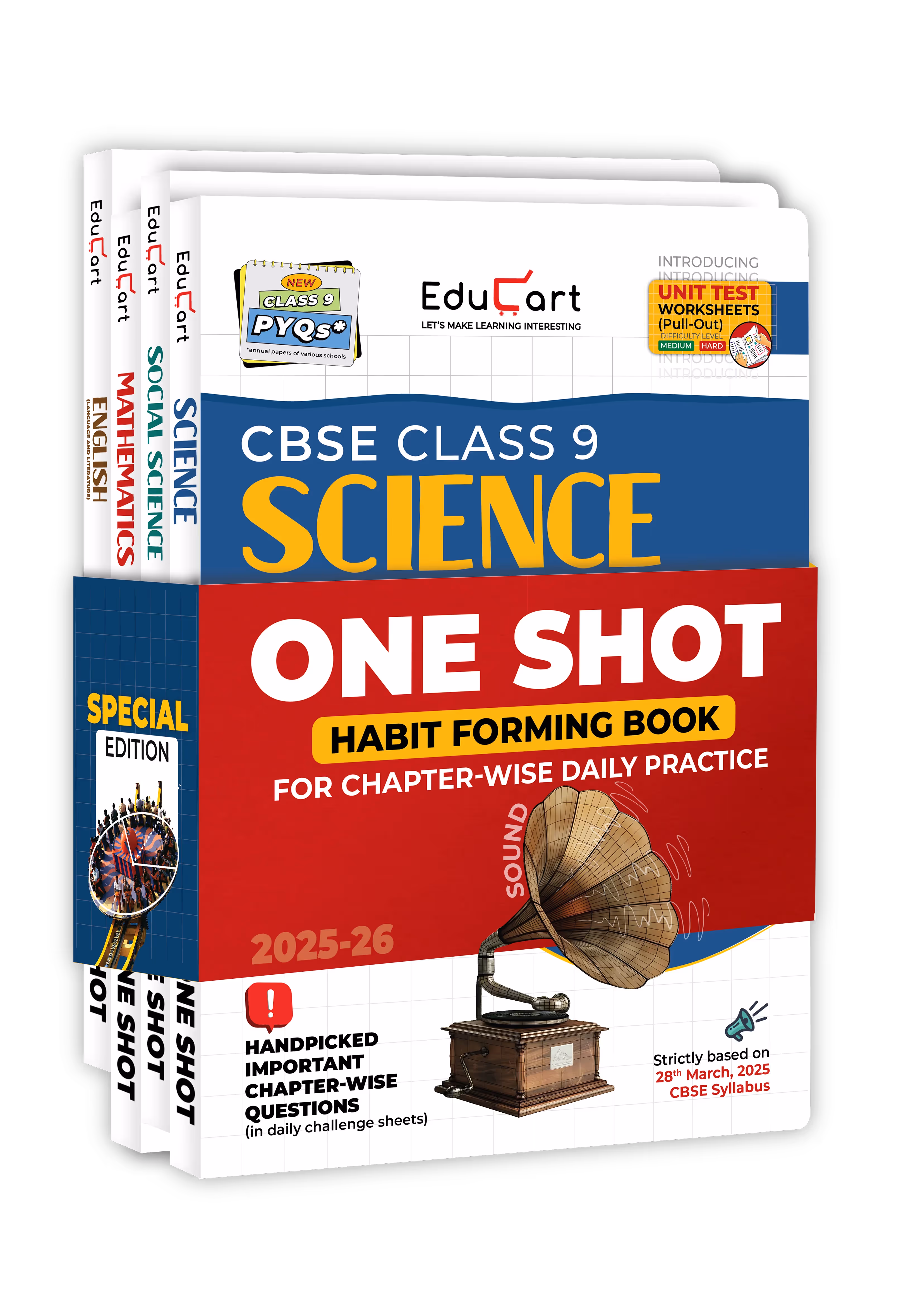 Educart CBSE Class 9 One Shot Question Bank 2025-26 Science, Mathematics, Social Science and English (Updated for 2026 Exam) 4 Book Bundle