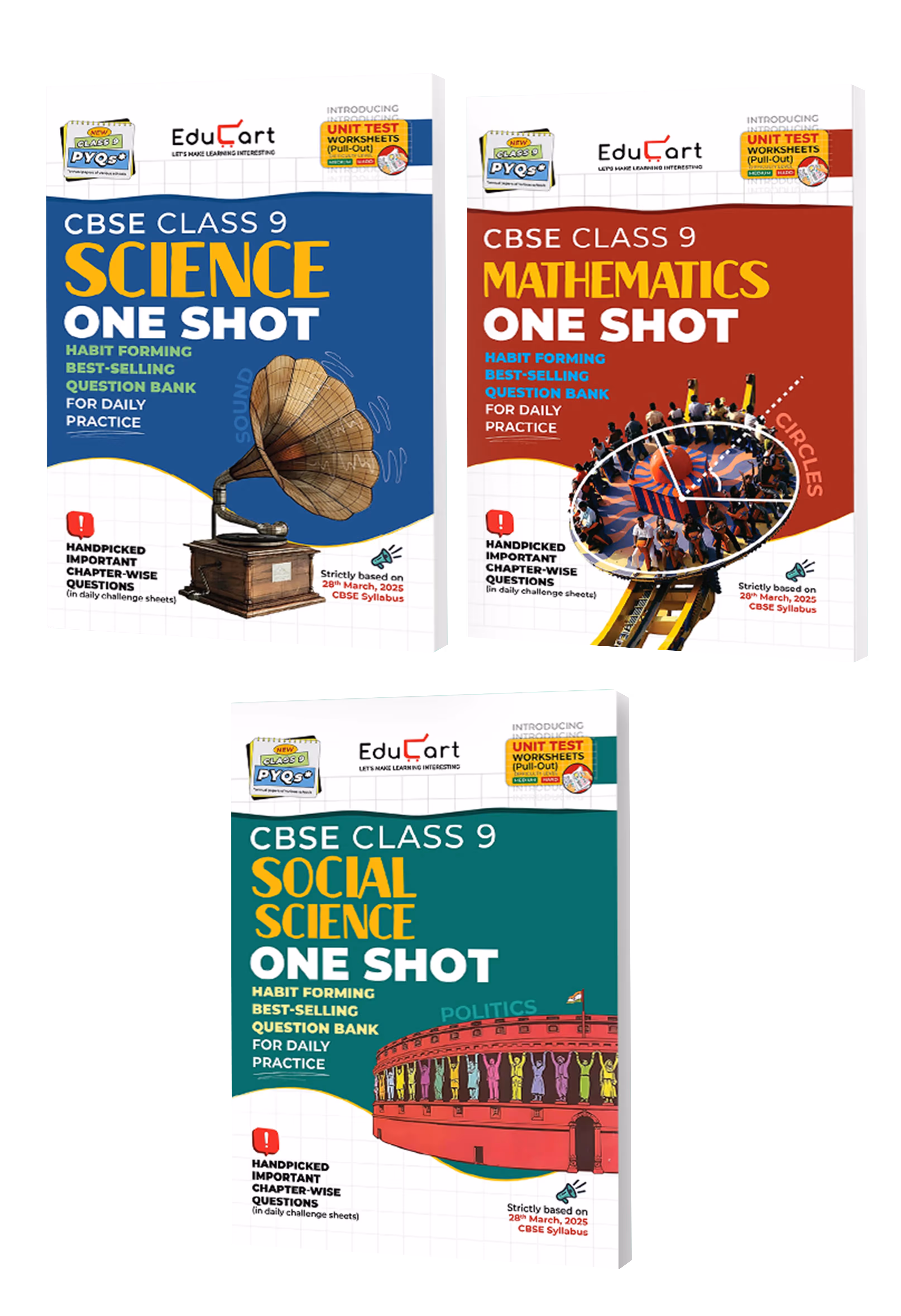 Educart CBSE Class 9 One Shot Question Bank 2025-26 Science, Mathematics and Social Science (Updated for 2026 Exam) 3 Book Bundle
