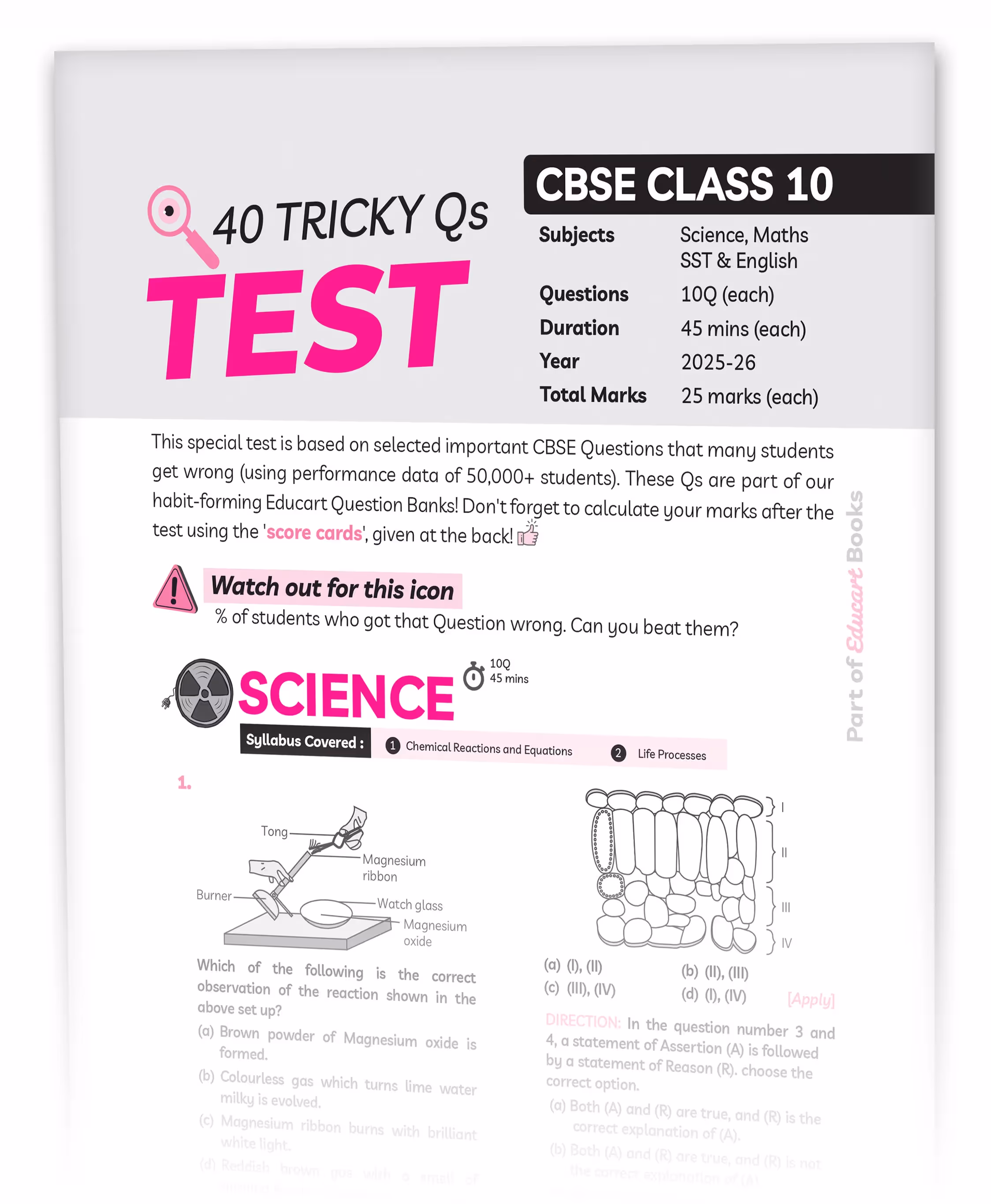 Educart CBSE Class 10 Free Test Booklet 2026 Science, Mathematics English and Social Science (40 Tricky Questions for 2025-26 Board Exams)