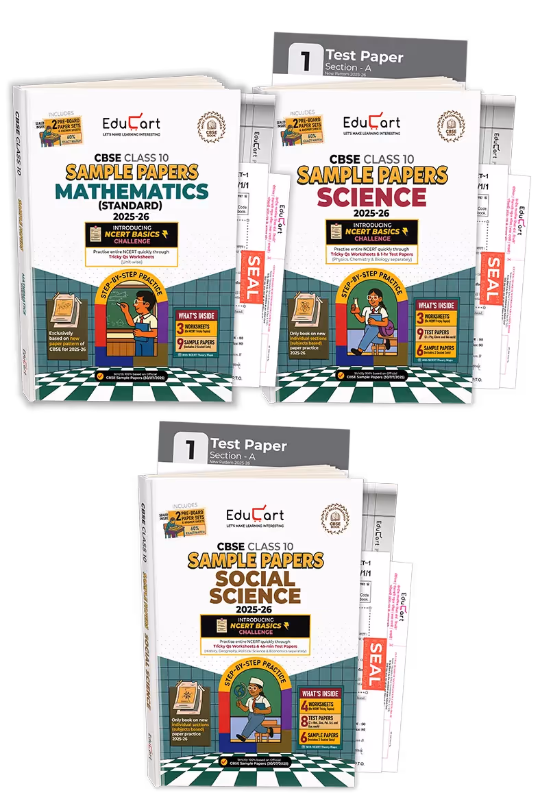 Educart CBSE Sample Paper Class 10 2025-26 - Science, Mathematics Standard & Social Science (Introducing exclusive step-by-step new practice concept on 2026 pattern) Set of 3 Books