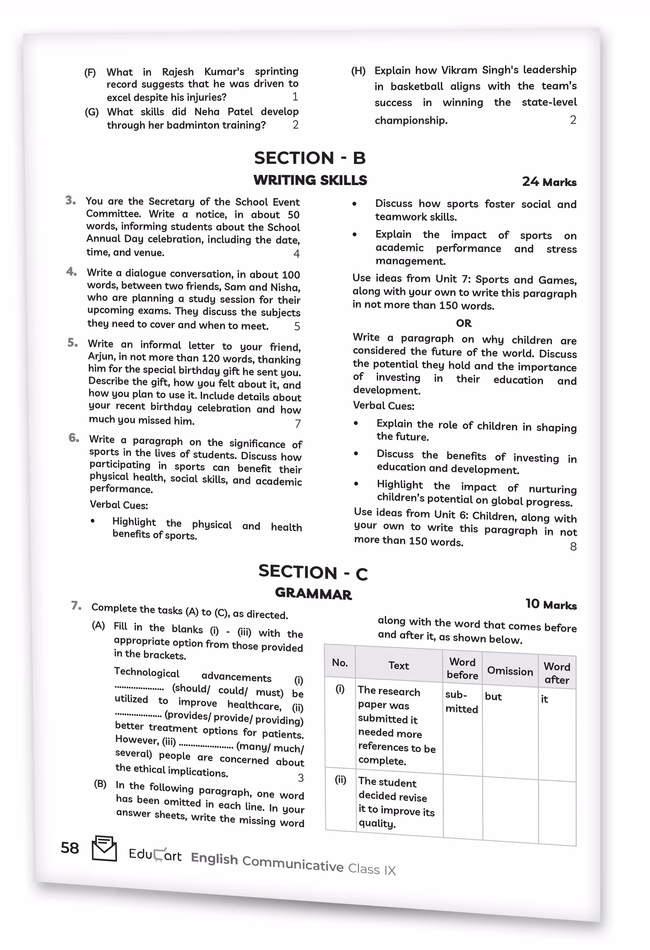 Educart CBSE Sample Paper Class 9 2025-26 English Communicative (Introducing exclusive new practice concept on 2026 pattern)
