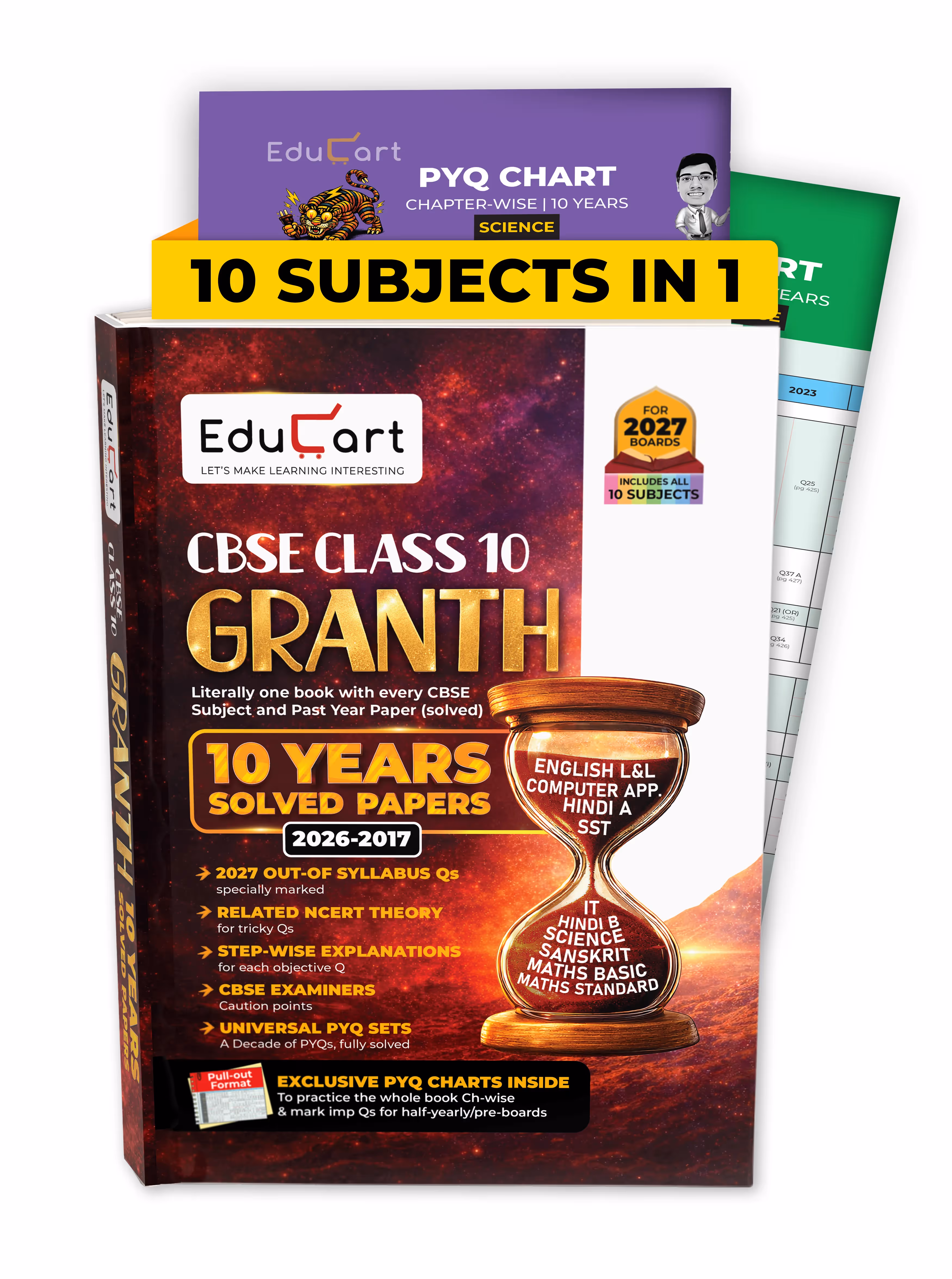 (10 subjects in 1) Educart Granth CBSE Class 10 Previous 10 Year Solved Papers 2027 - with PYQ Charts (Mathematics Standard & Basic, Social Science, Science, Hindi A & B, English, Computer Applications, IT and Sanskrit)