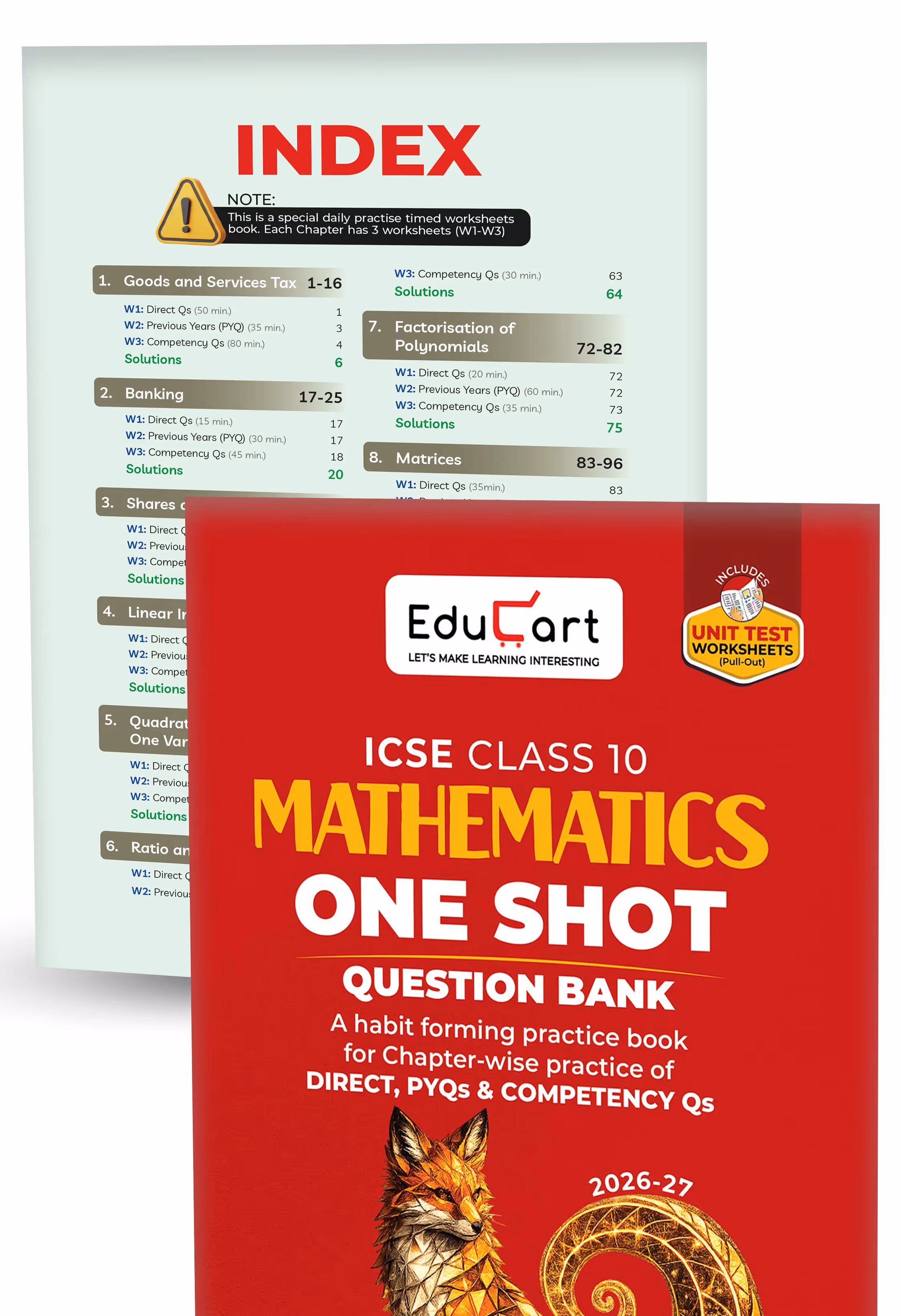 Educart ICSE Class 10 One Shot Question Bank 2027 (Set of 8 Books) | Physics, Chemistry, Maths, Biology, English 1 & 2, Geography, History & Civics | 2026–27 Exam