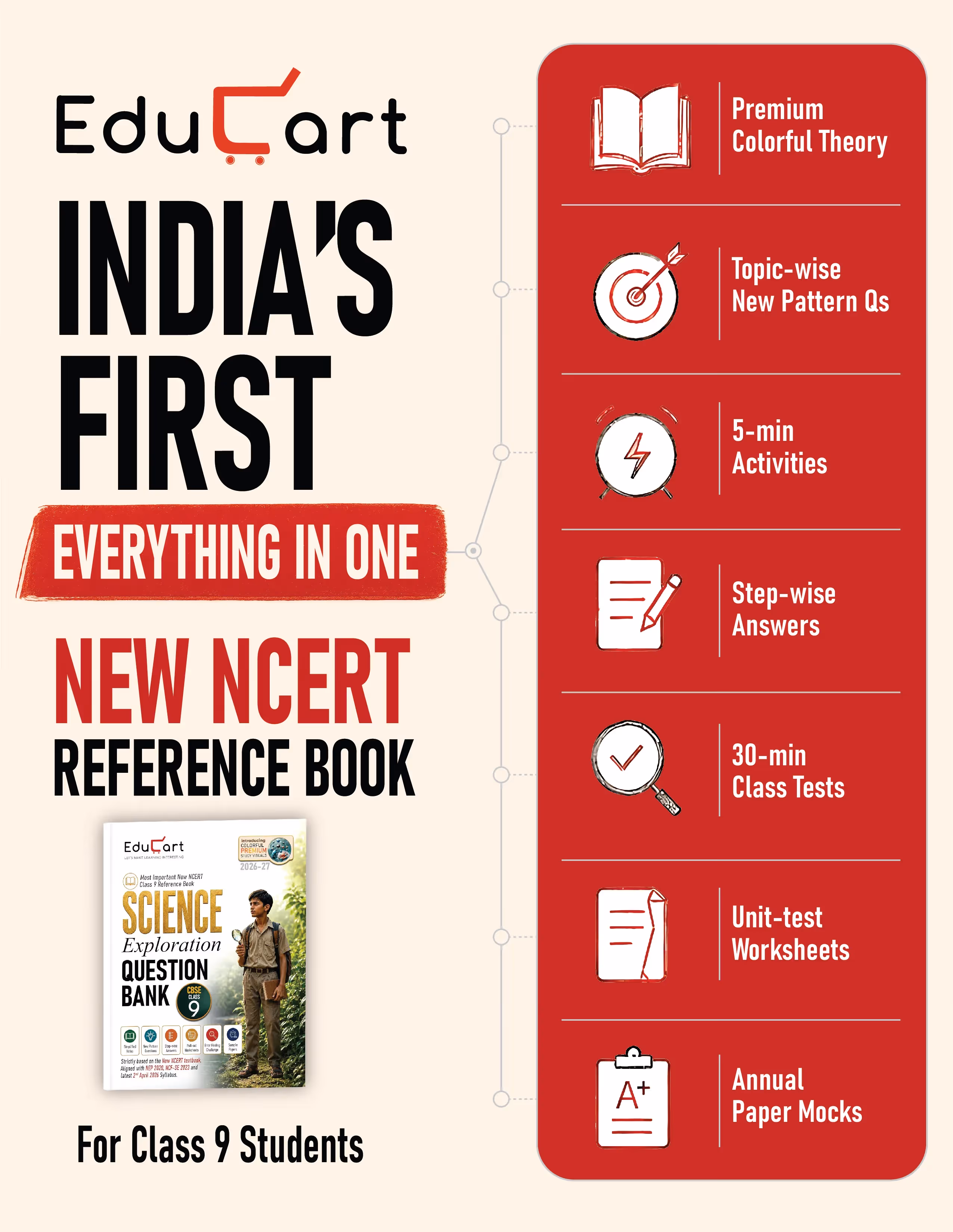 Educart CBSE Class 9 Science Exploration Question Bank 2026-27 | New NCERT Guide and Most Important Reference Book for 2027 (with worksheets and sample papers extra)