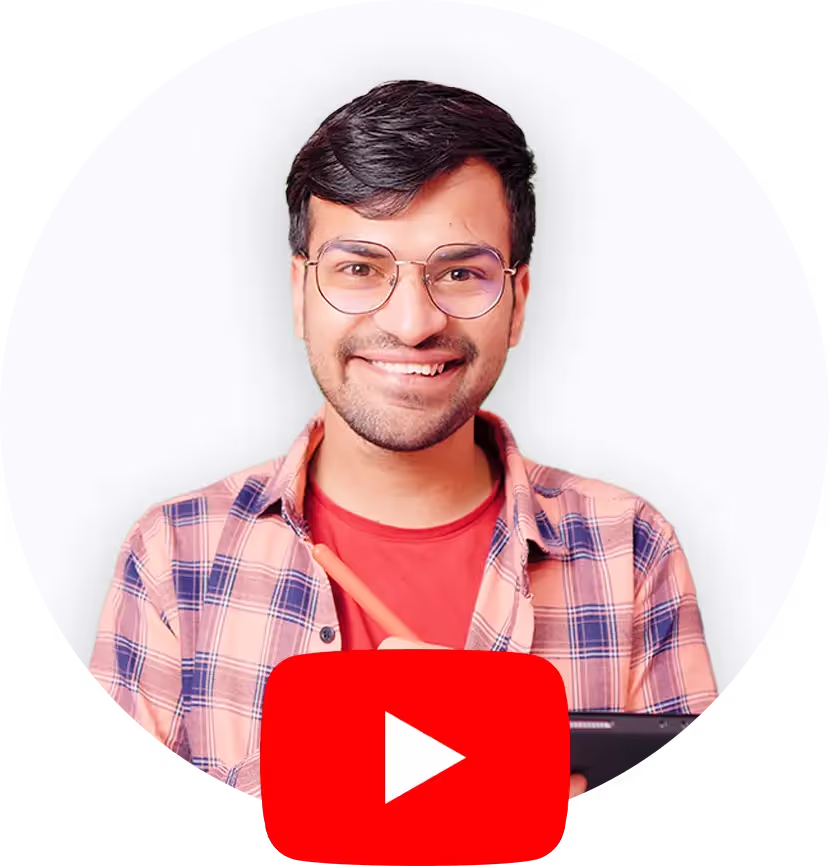 Smiling young man wearing glasses and a checked shirt holding a stylus and digital tablet with a play button icon overlay.