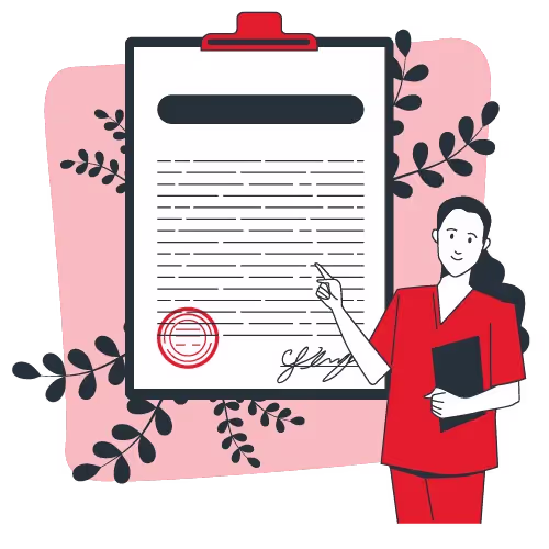 Illustration of a person in red scrubs holding a clipboard and pointing to a large document with a red stamp and signature.