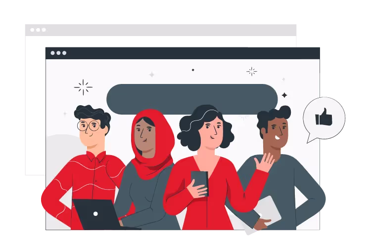 Illustration of four diverse people standing together with laptops and a smartphone, inside a computer window, with a thumbs-up icon in a speech bubble.