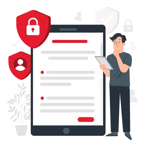 Illustration of a man holding a tablet and thinking next to a large digital screen showing a document with privacy icons including a lock and a user shield.