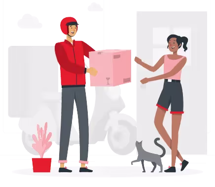 Delivery person in red uniform handing a package to a smiling woman standing with a cat nearby.