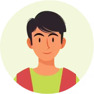 Illustration of a young man with short black hair wearing a red jacket on a light green circular background.