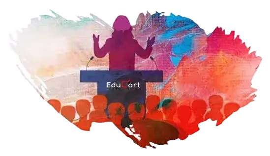 Silhouette of a person speaking at a podium labeled EduCart with an audience and colorful abstract background.