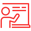 Red line art of a person pointing at a presentation board with text lines.