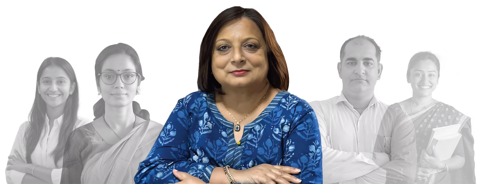 Middle-aged woman in a blue patterned top with arms crossed, flanked by four people in grayscale.