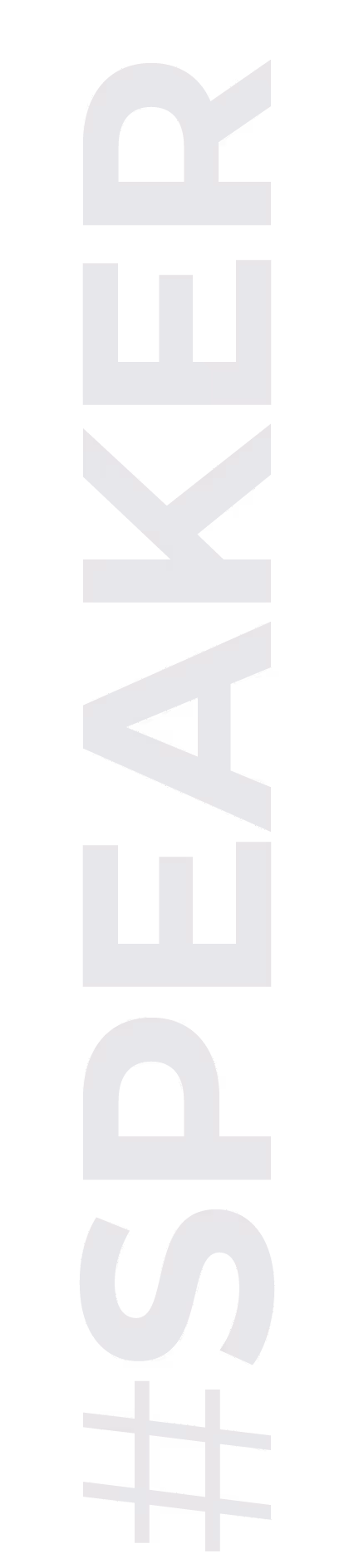 Vertical text of the word 'SPEAKER' in large bold white letters on a black background.